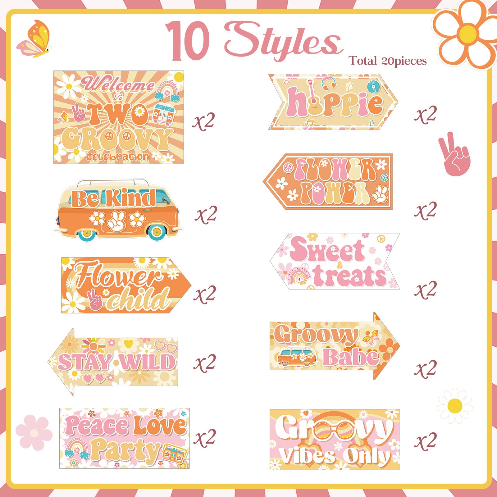 Jecery 20 Pcs Two Groovy Party Decorations Retro Hippie Boho Party Signs 60'S Retro Decor Groovy Party Decorations Boho Hippie W